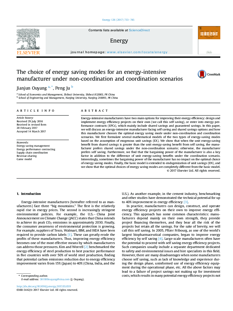 The choice of energy saving modes for an energy-intensive manufacturer under non-coordination and coordination scenarios