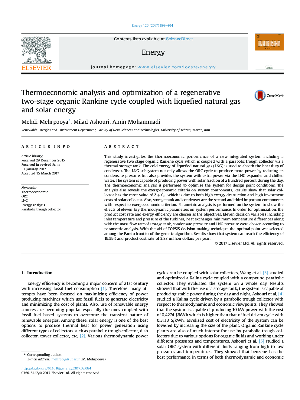 Thermoeconomic analysis and optimization of a regenerative two-stage organic Rankine cycle coupled with liquefied natural gas and solar energy