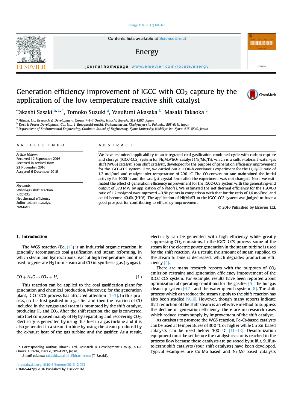 Generation efficiency improvement of IGCC with CO2 capture by the application of the low temperature reactive shift catalyst