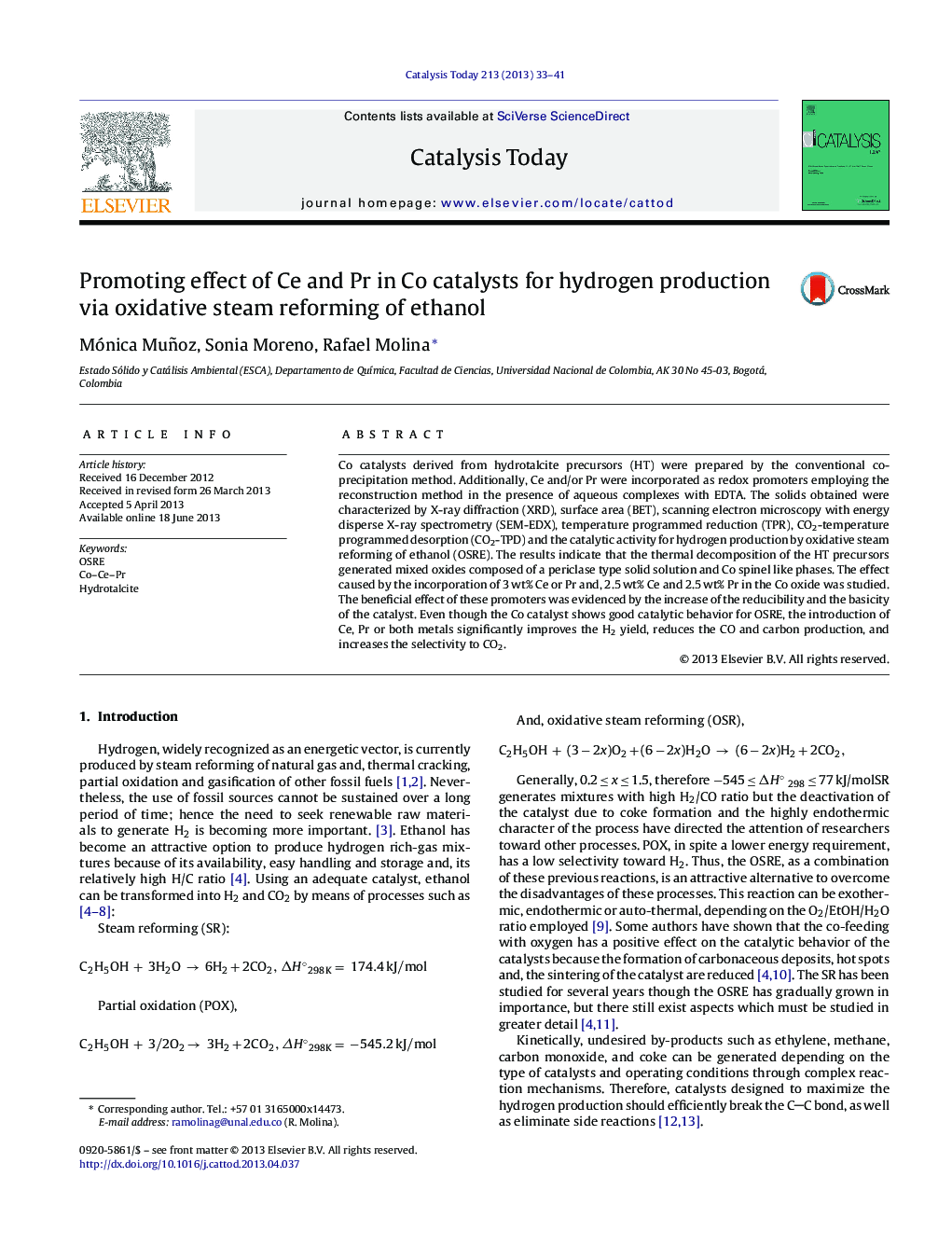 Promoting effect of Ce and Pr in Co catalysts for hydrogen production via oxidative steam reforming of ethanol