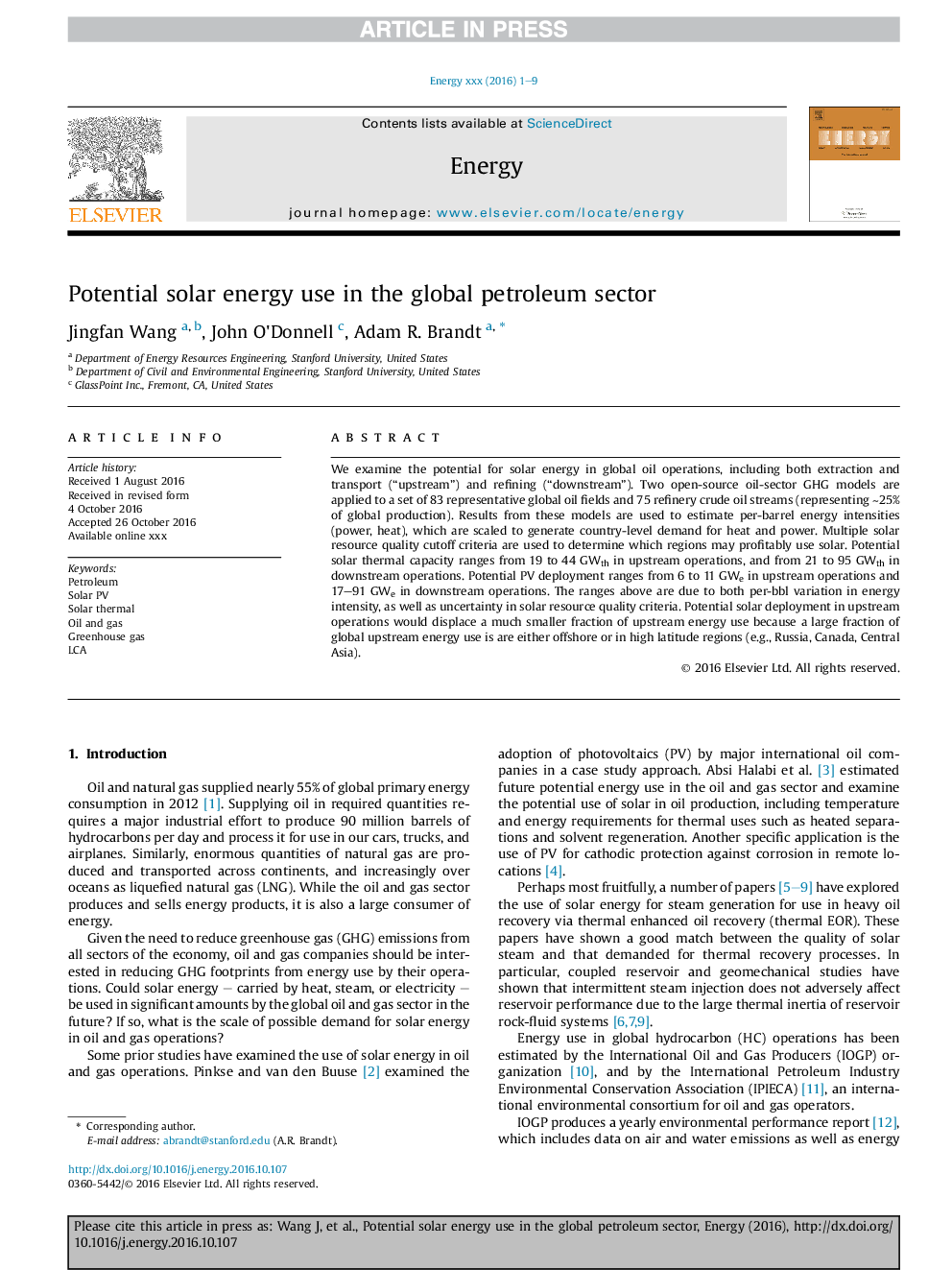 Potential solar energy use in the global petroleum sector