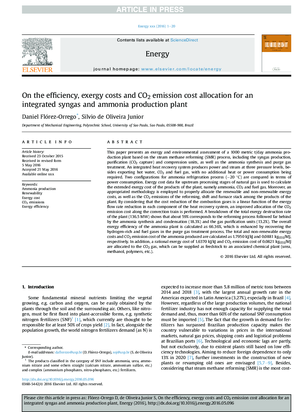 On the efficiency, exergy costs and CO2 emission cost allocation for an integrated syngas and ammonia production plant