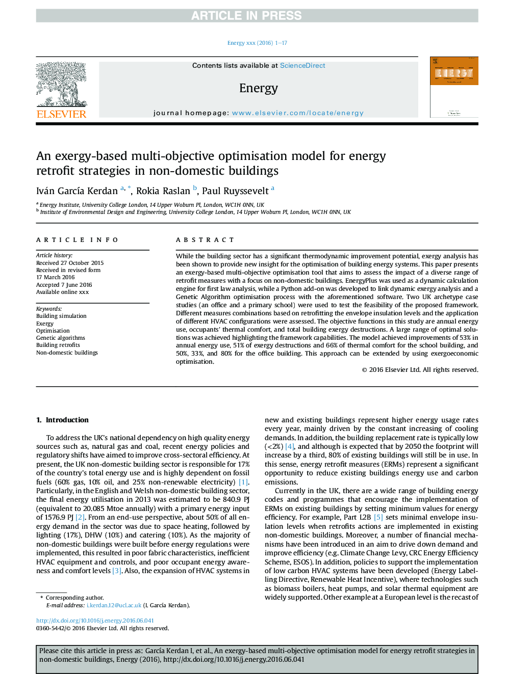 An exergy-based multi-objective optimisation model for energy retrofit strategies in non-domestic buildings