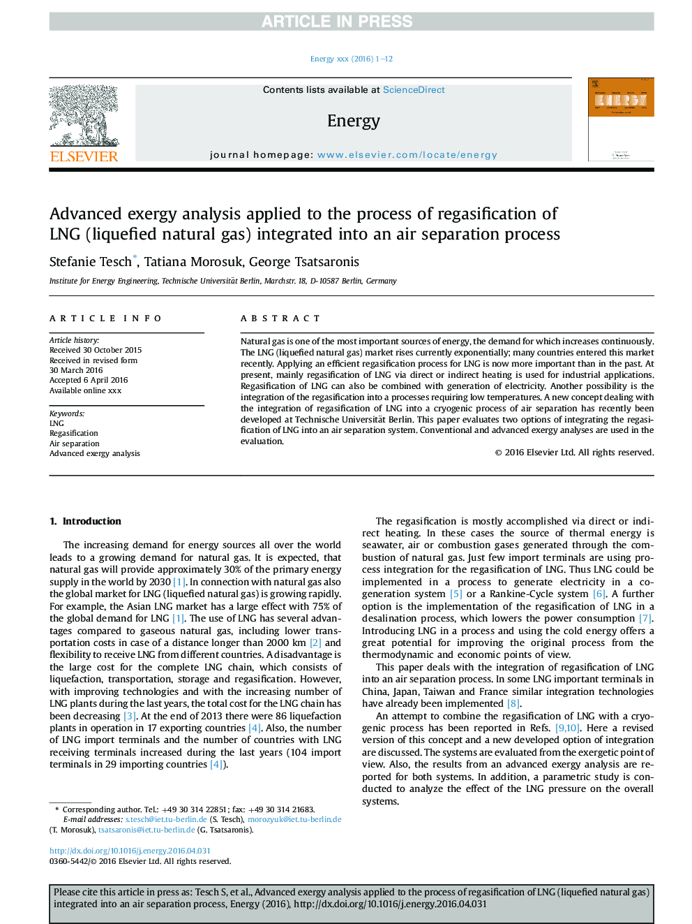 Advanced exergy analysis applied to the process of regasification of LNG (liquefied natural gas) integrated into an air separation process