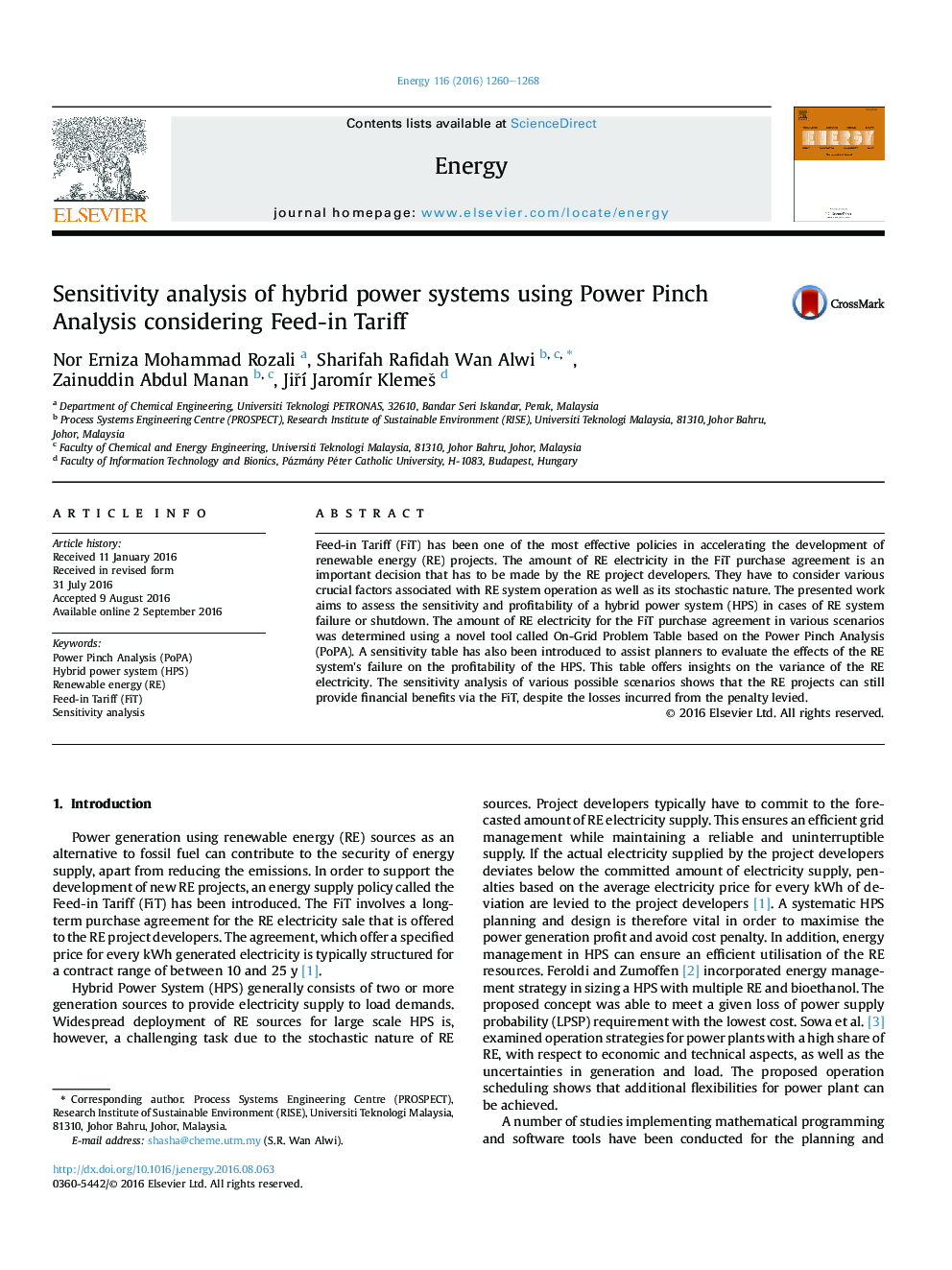 Sensitivity analysis of hybrid power systems using Power Pinch Analysis considering Feed-in Tariff