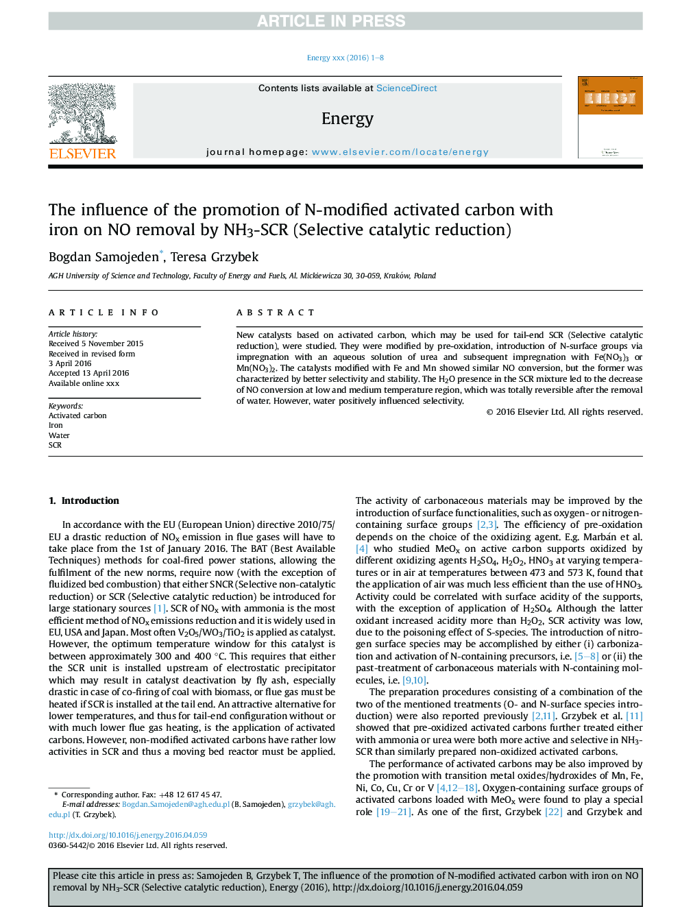 The influence of the promotion of N-modified activated carbon with iron on NO removal by NH3-SCR (Selective catalytic reduction)