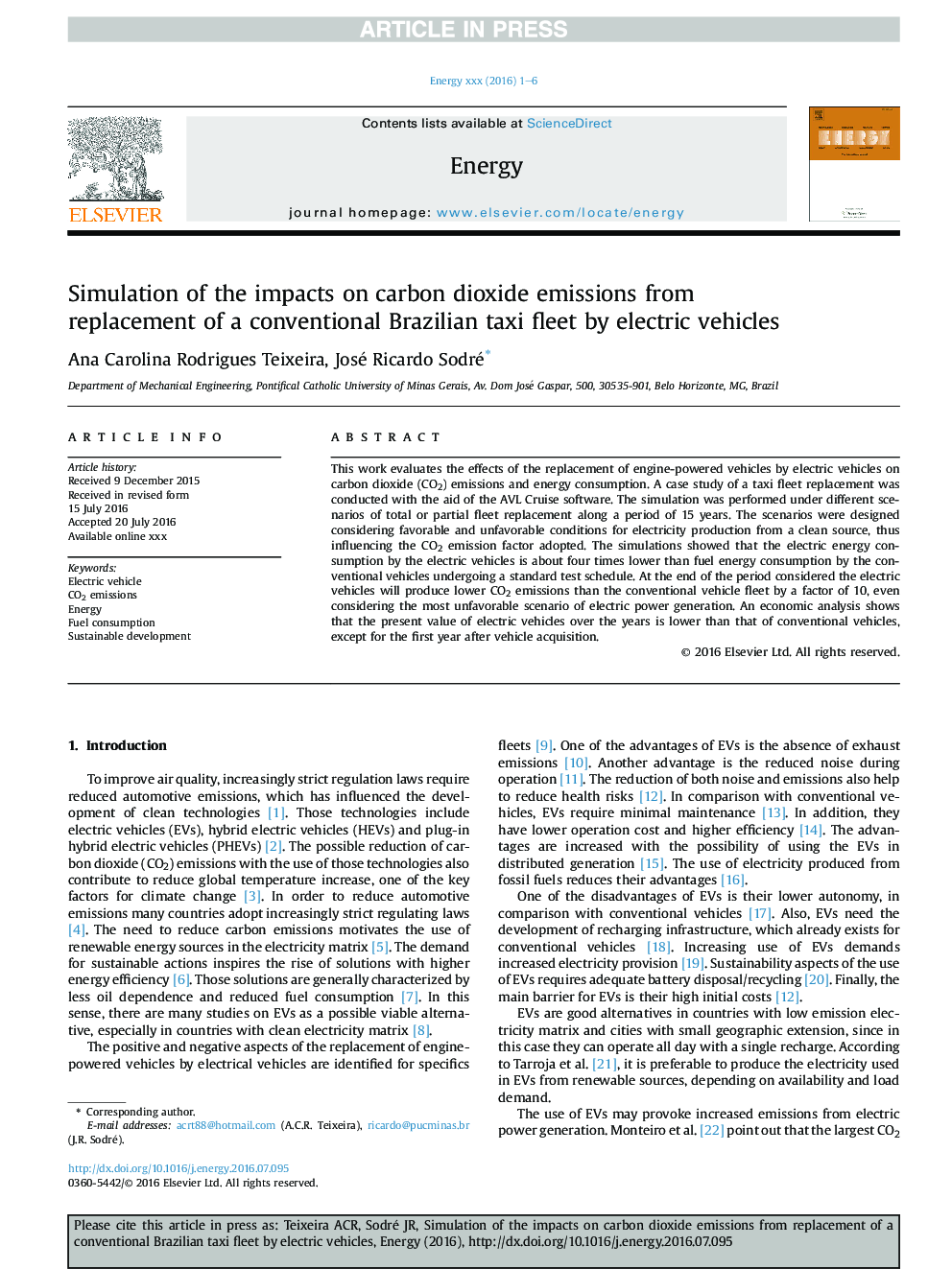 Simulation of the impacts on carbon dioxide emissions from replacement of a conventional Brazilian taxi fleet by electric vehicles