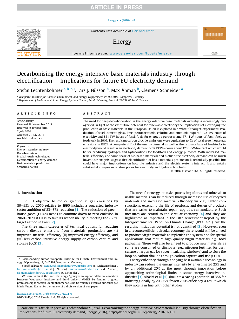 Decarbonising the energy intensive basic materials industry through electrification - Implications for future EU electricity demand