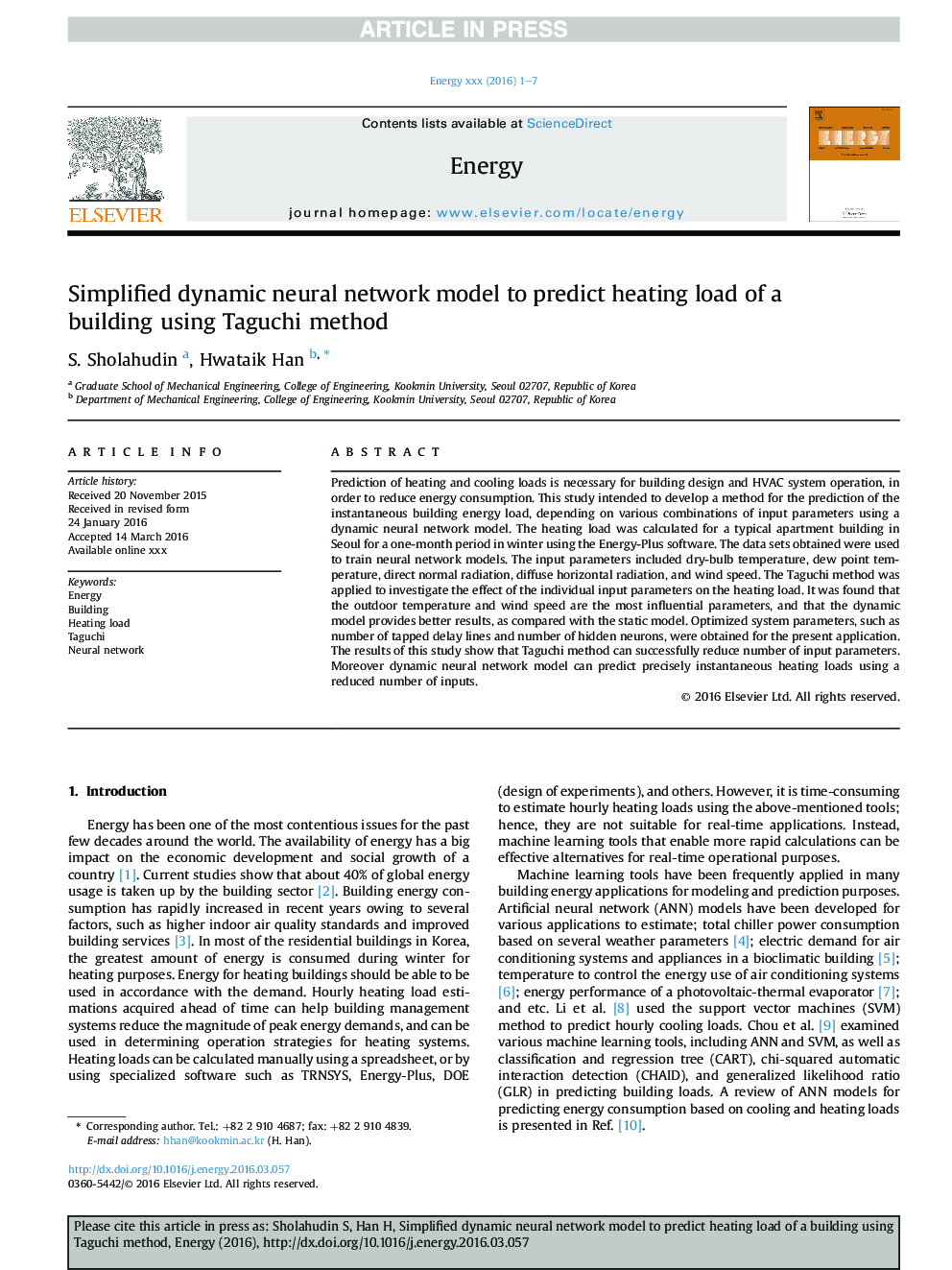 Simplified dynamic neural network model to predict heating load of a building using Taguchi method