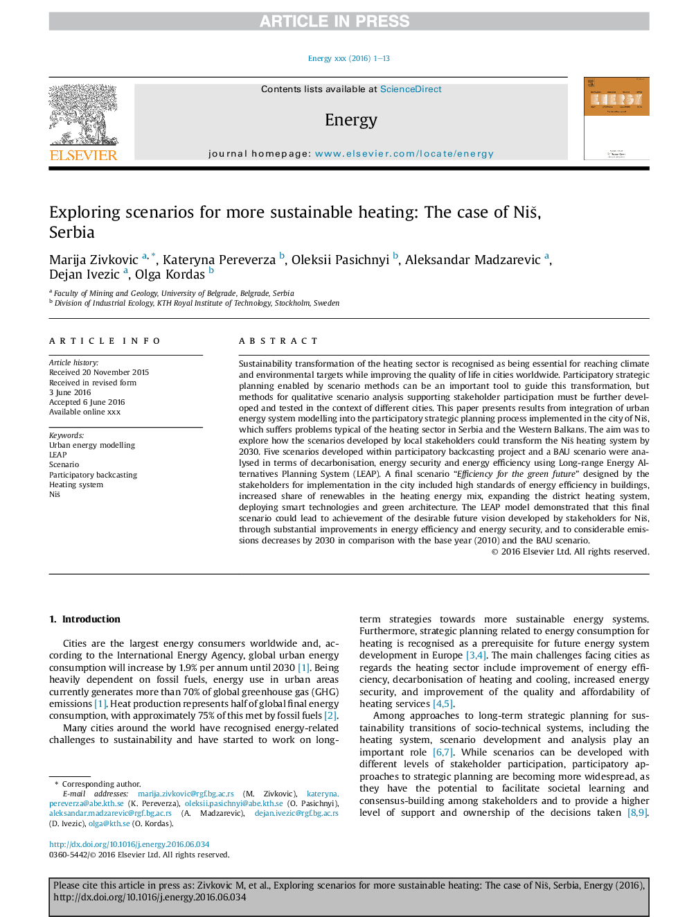 Exploring scenarios for more sustainable heating: The case of NiÅ¡, Serbia