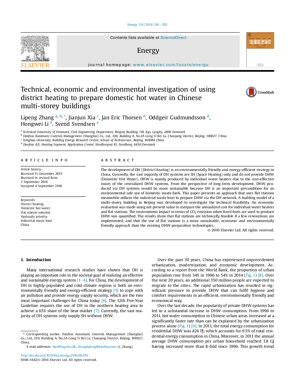 Technical, economic and environmental investigation of using districtÂ heating to prepare domestic hot water in Chinese multi-storeyÂ buildings