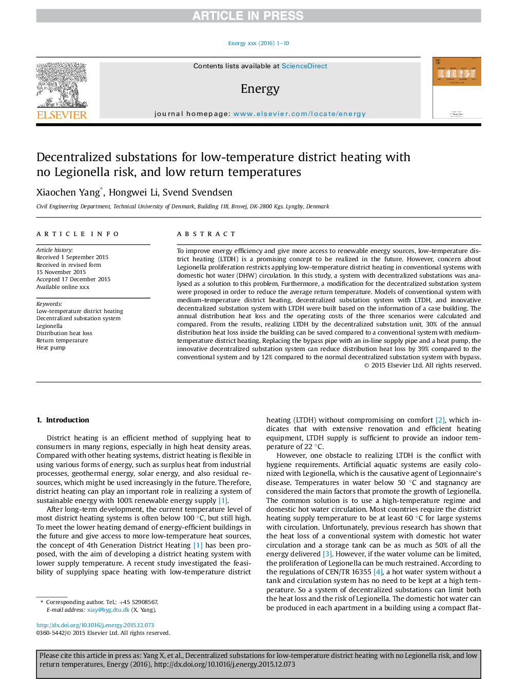 Decentralized substations for low-temperature district heating with no Legionella risk, and low return temperatures