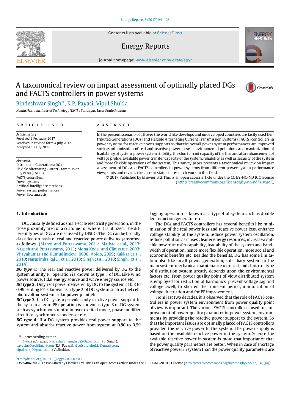 A taxonomical review on impact assessment of optimally placed DGs and FACTS controllers in power systems