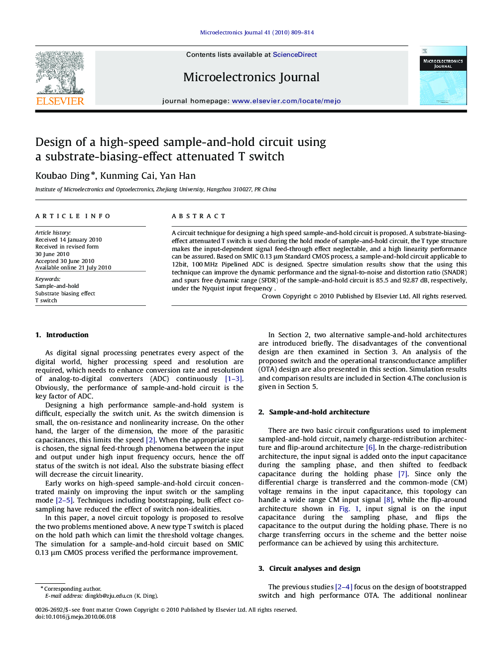 Design of a high-speed sample-and-hold circuit using a substrate-biasing-effect attenuated T switch