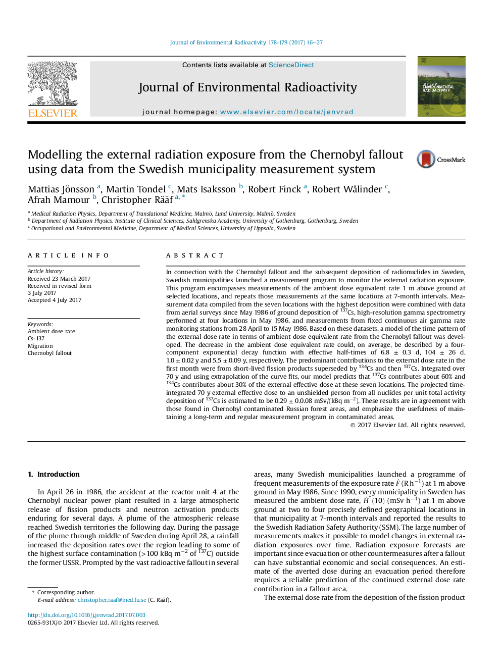 Modelling the external radiation exposure from the Chernobyl fallout using data from the Swedish municipality measurement system