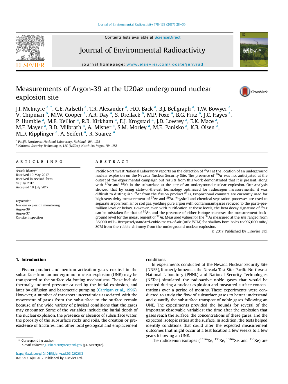 Measurements of Argon-39 at the U20az underground nuclear explosion site