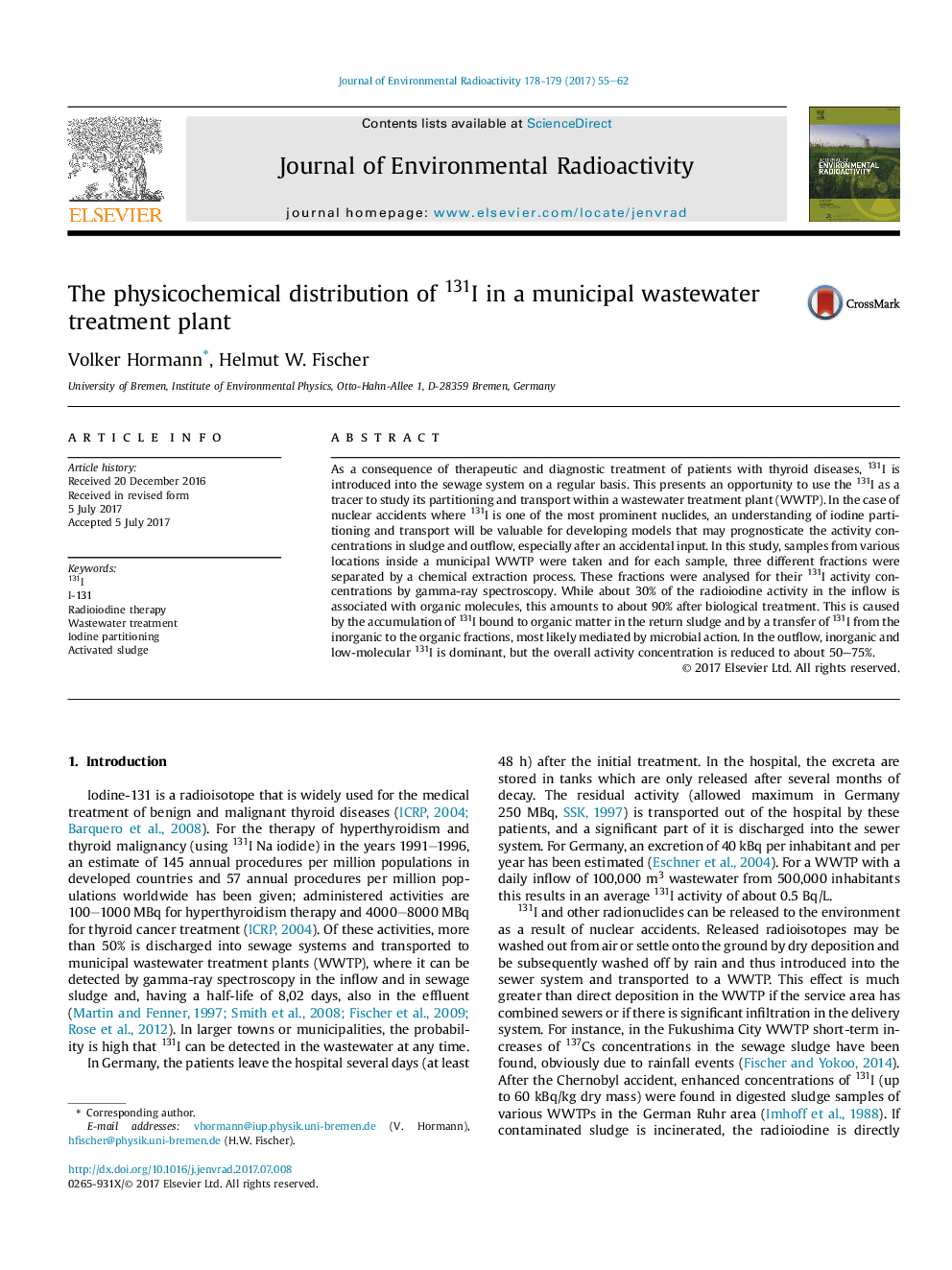 The physicochemical distribution of 131I in a municipal wastewater treatment plant