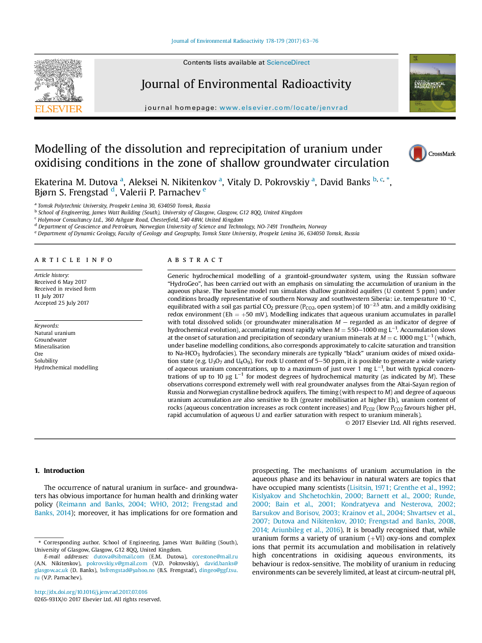 Modelling of the dissolution and reprecipitation of uranium under oxidising conditions in the zone of shallow groundwater circulation