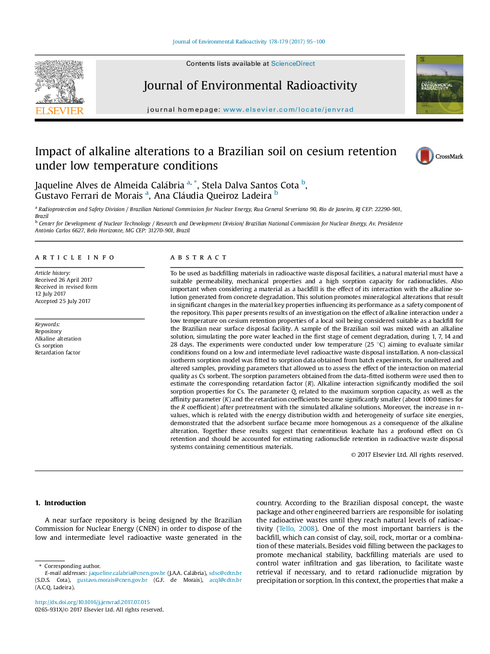 Impact of alkaline alterations to a Brazilian soil on cesium retention under low temperature conditions