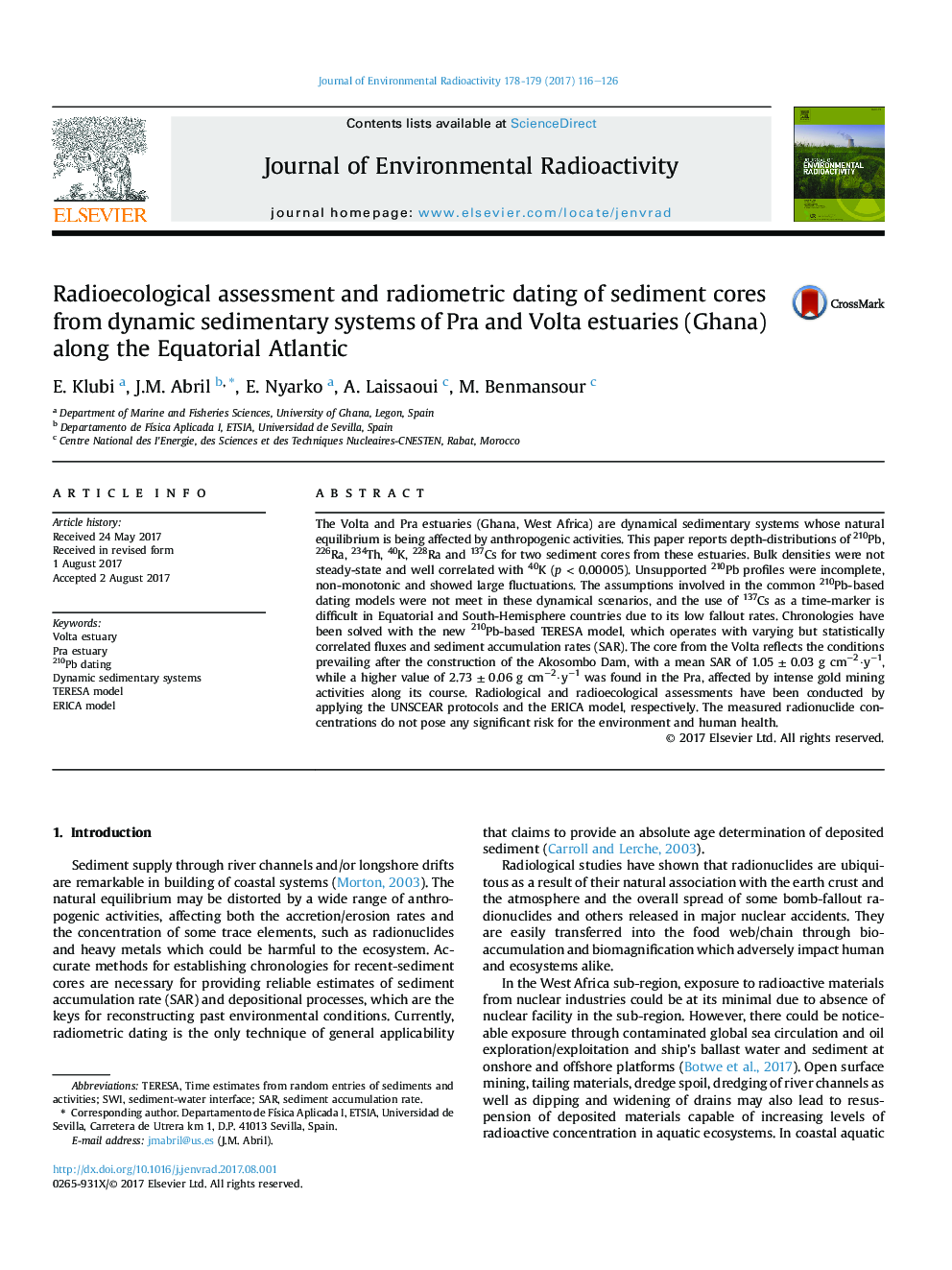 Radioecological assessment and radiometric dating of sediment cores from dynamic sedimentary systems of Pra and Volta estuaries (Ghana) along the Equatorial Atlantic