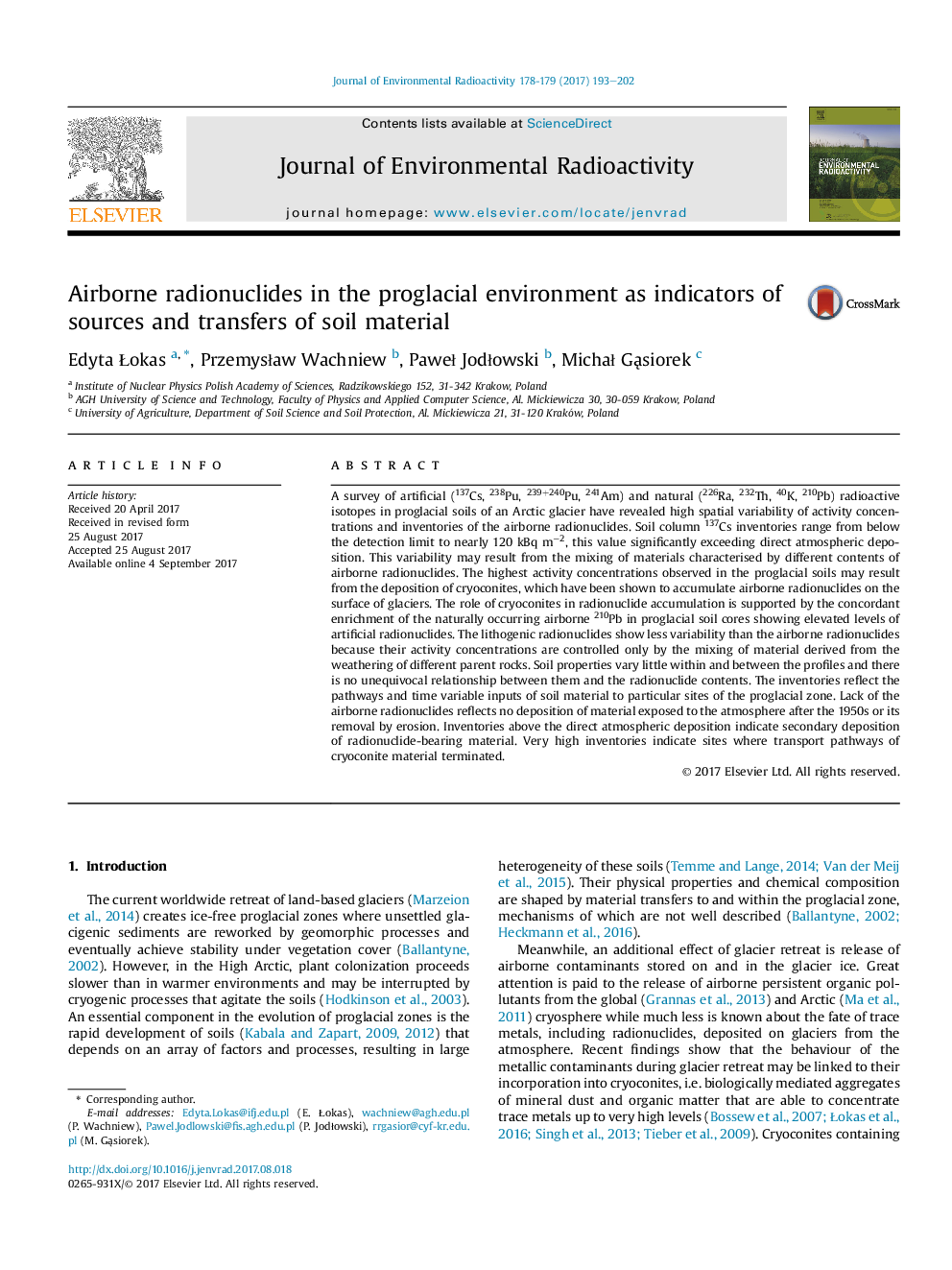 Airborne radionuclides in the proglacial environment as indicators of sources and transfers of soil material