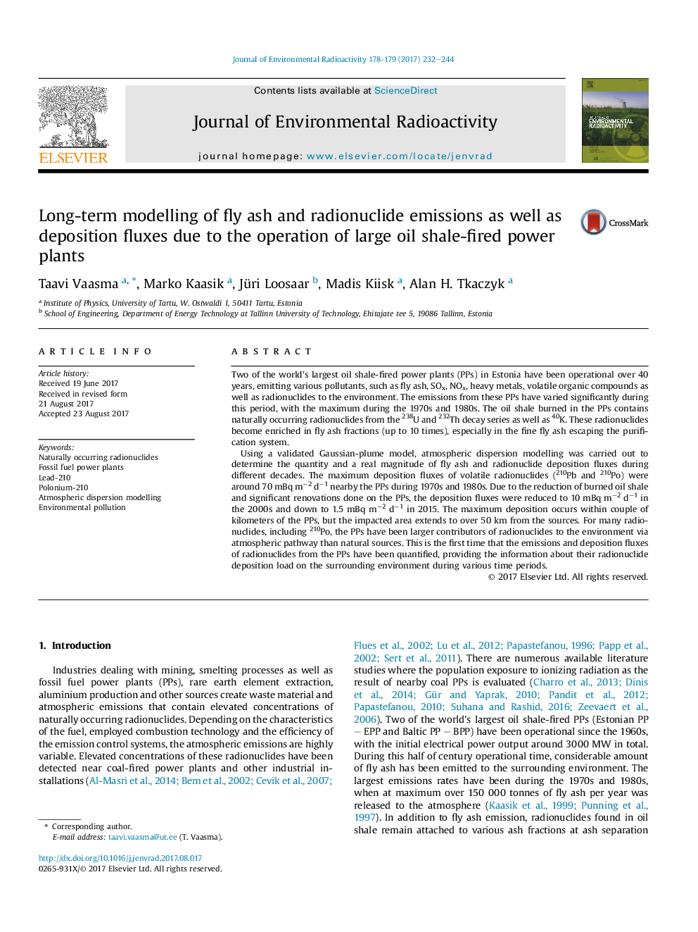 Long-term modelling of fly ash and radionuclide emissions as well as deposition fluxes due to the operation of large oil shale-fired power plants