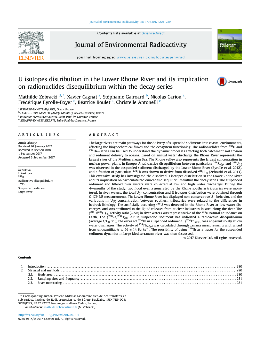 U isotopes distribution in the Lower Rhone River and its implication on radionuclides disequilibrium within the decay series