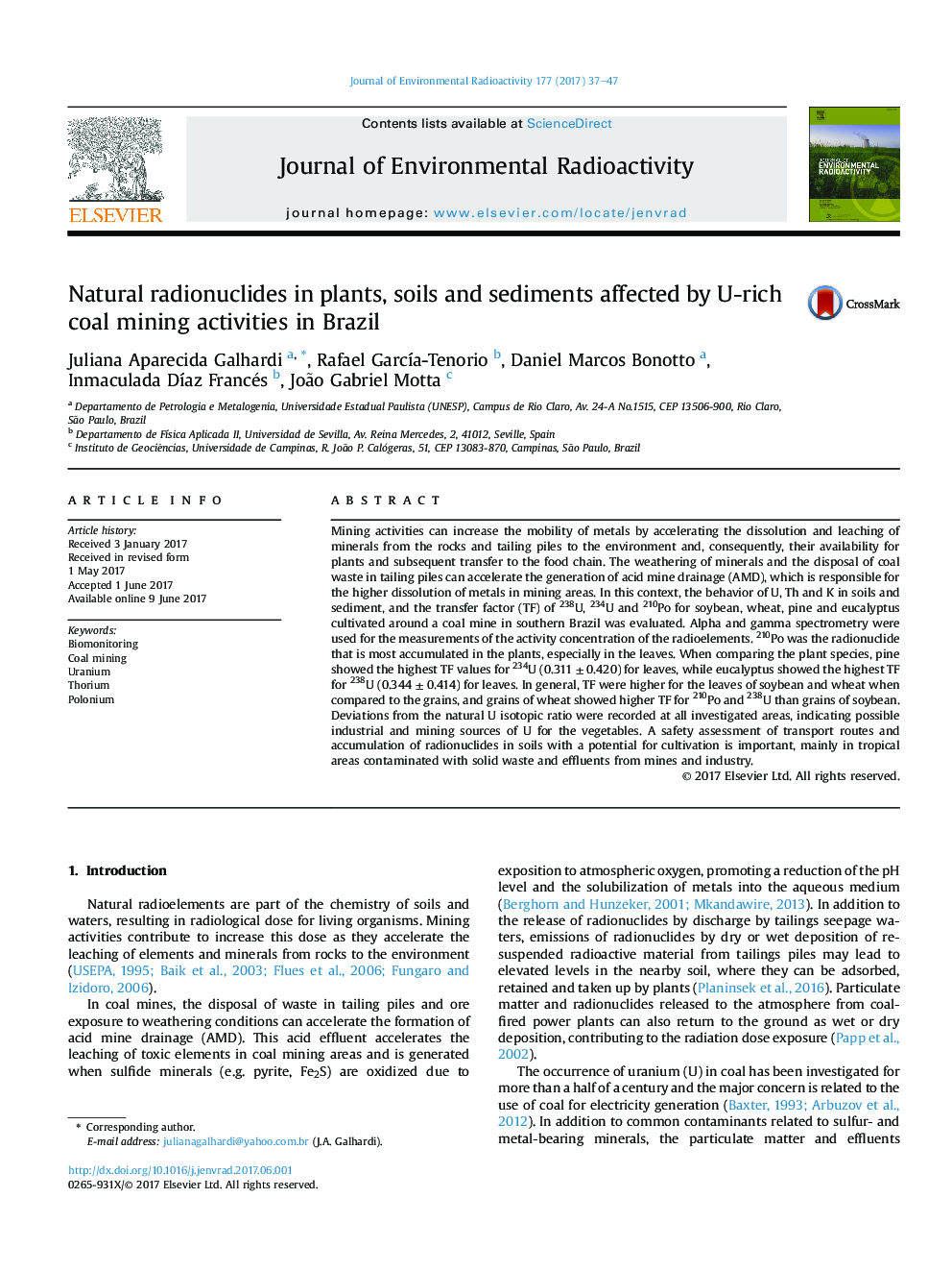Natural radionuclides in plants, soils and sediments affected by U-rich coal mining activities in Brazil