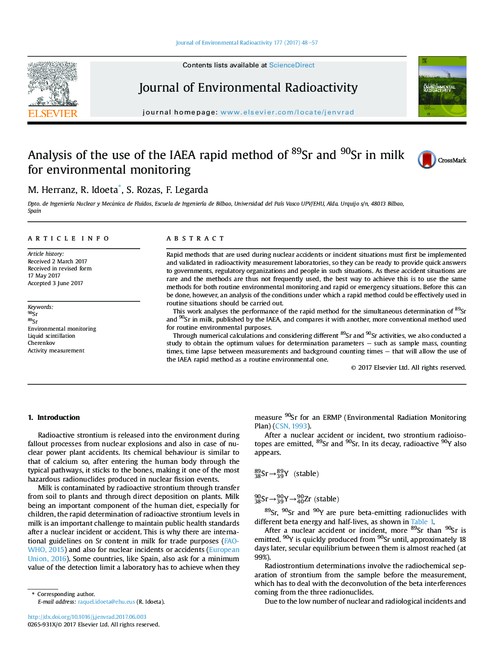 عکس صفحه اول مقاله: Analysis of the use of the IAEA rapid method of 89Sr and 90Sr in milk for environmental monitoring Analysis of the use of the IAEA rapid method of 89Sr and 90Sr in milk for environmental monitoring
