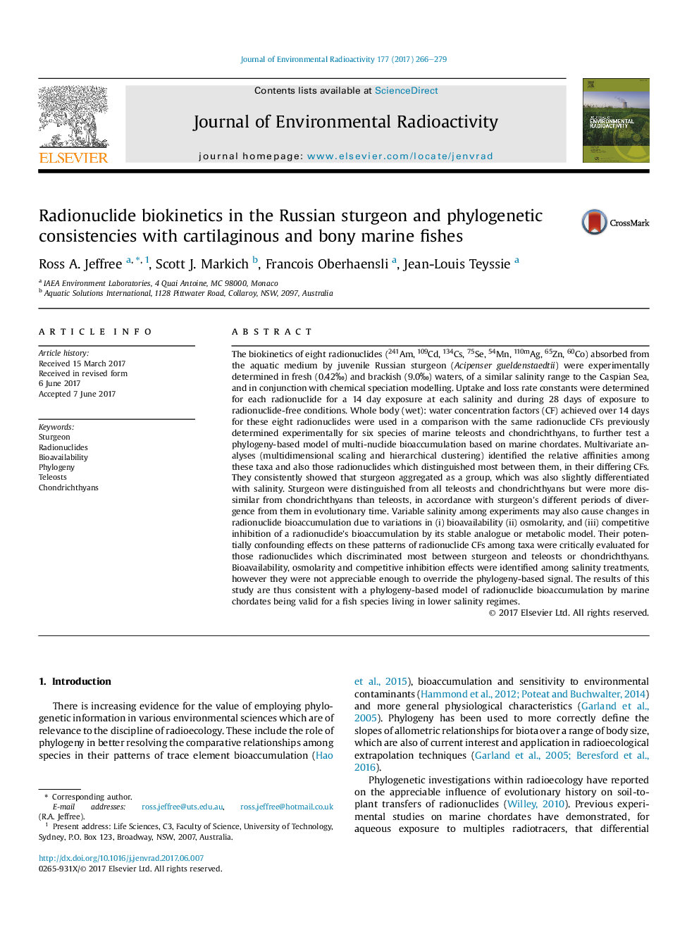 Radionuclide biokinetics in the Russian sturgeon and phylogenetic consistencies with cartilaginous and bony marine fishes