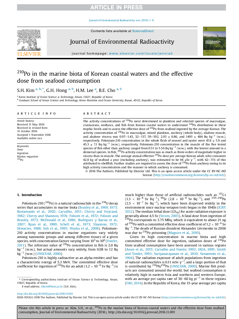 210Po in the marine biota of Korean coastal waters and the effective dose from seafood consumption