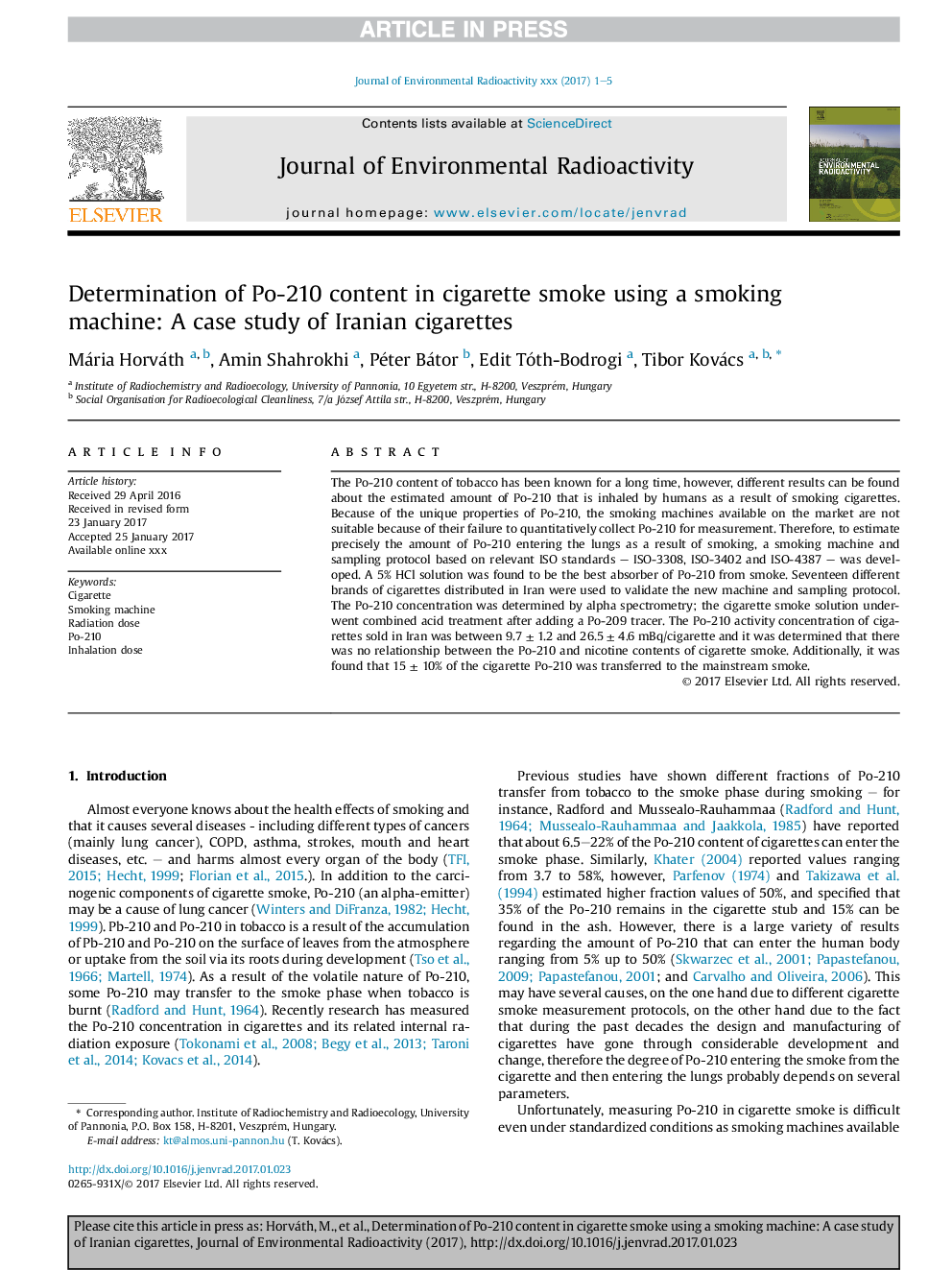 Determination of Po-210 content in cigarette smoke using a smoking machine: A case study of Iranian cigarettes