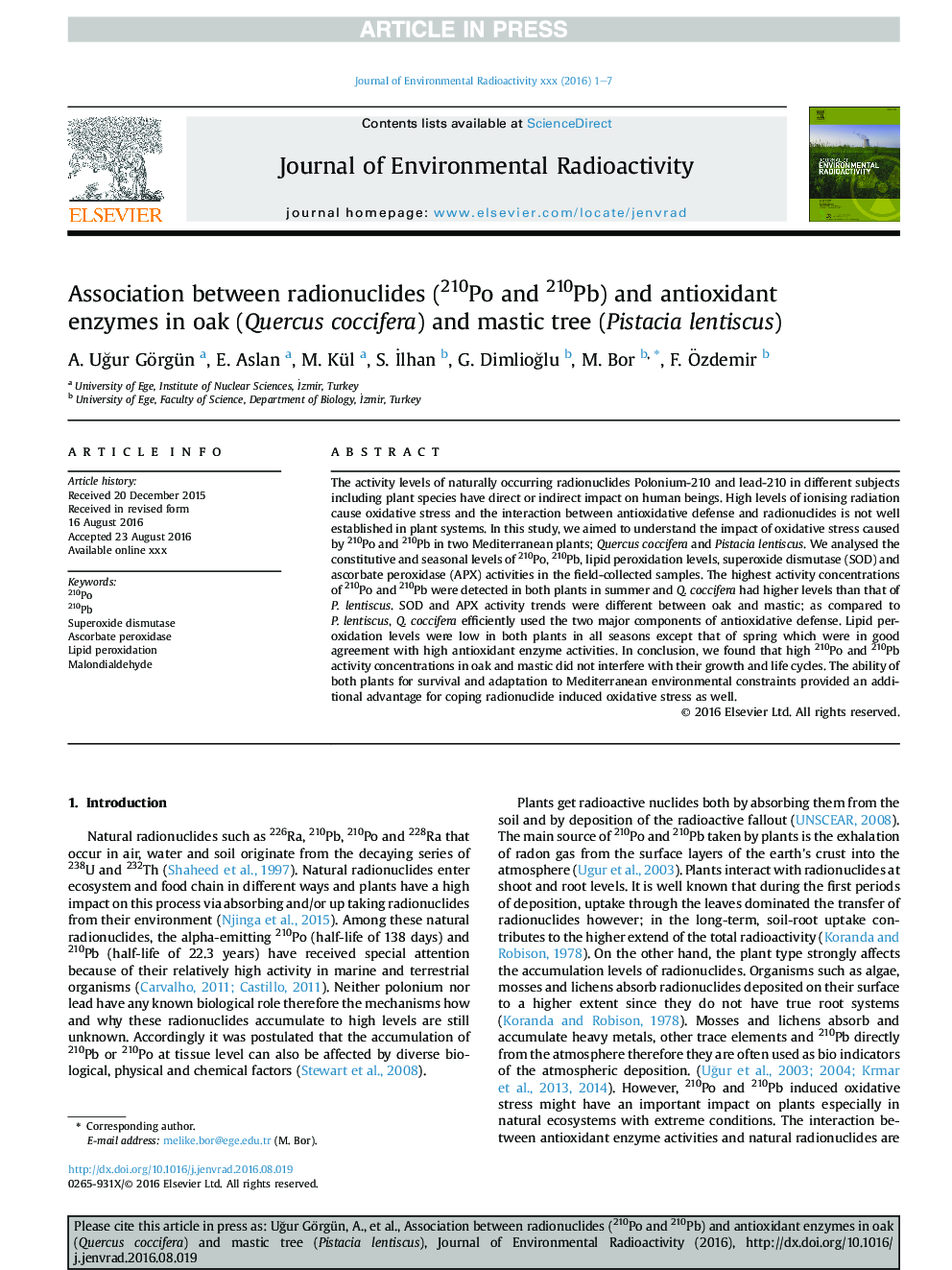 Association between radionuclides (210Po and 210Pb) and antioxidant enzymes in oak (Quercus coccifera) and mastic tree (Pistacia lentiscus)