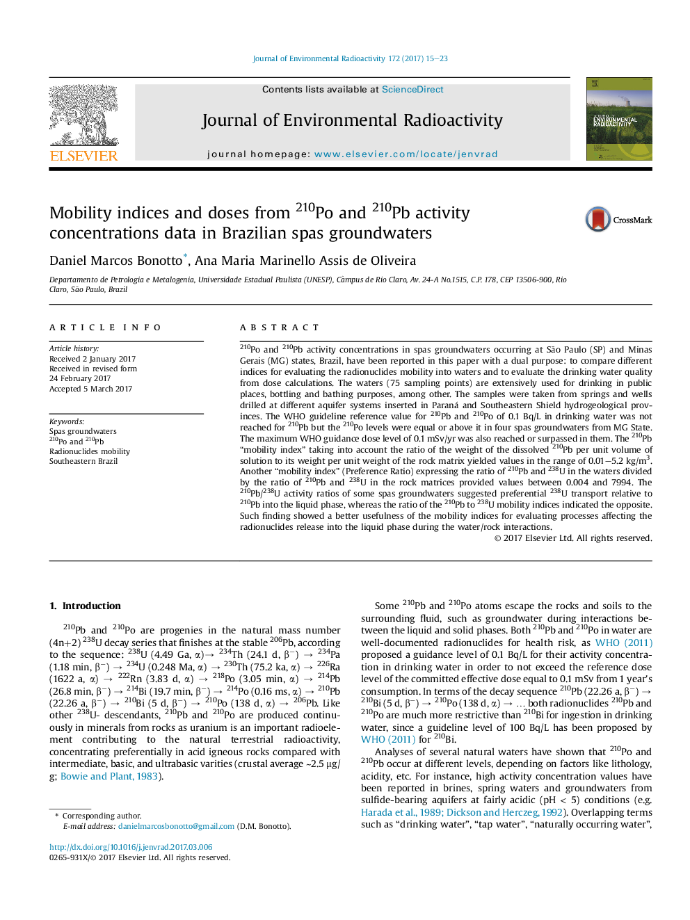 Mobility indices and doses from 210Po and 210Pb activity concentrations data in Brazilian spas groundwaters