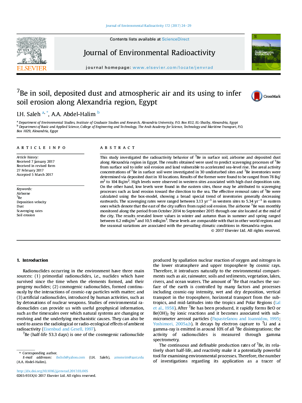 7Be in soil, deposited dust and atmospheric air and its using to infer soil erosion along Alexandria region, Egypt