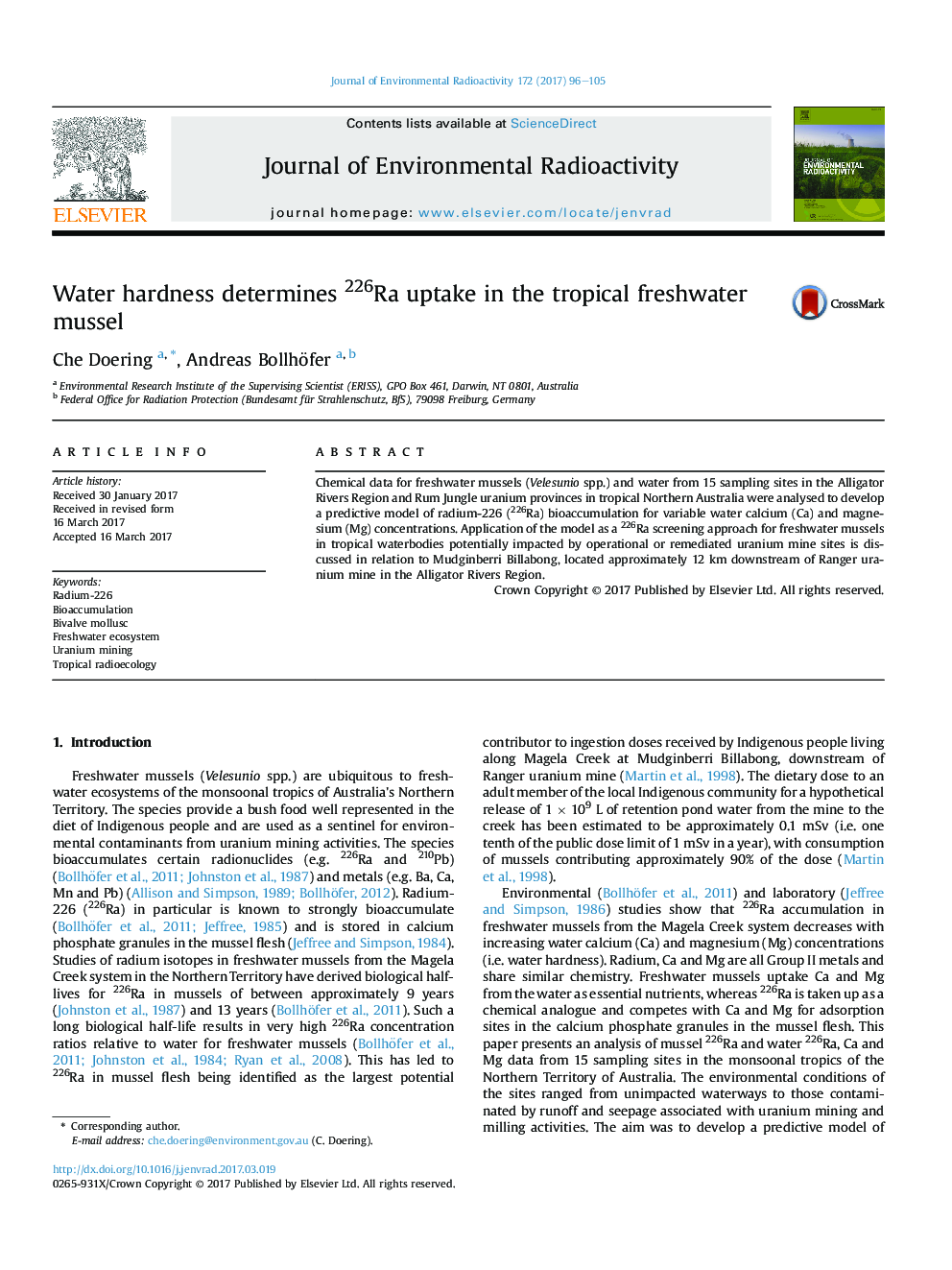 Water hardness determines 226Ra uptake in the tropical freshwater mussel