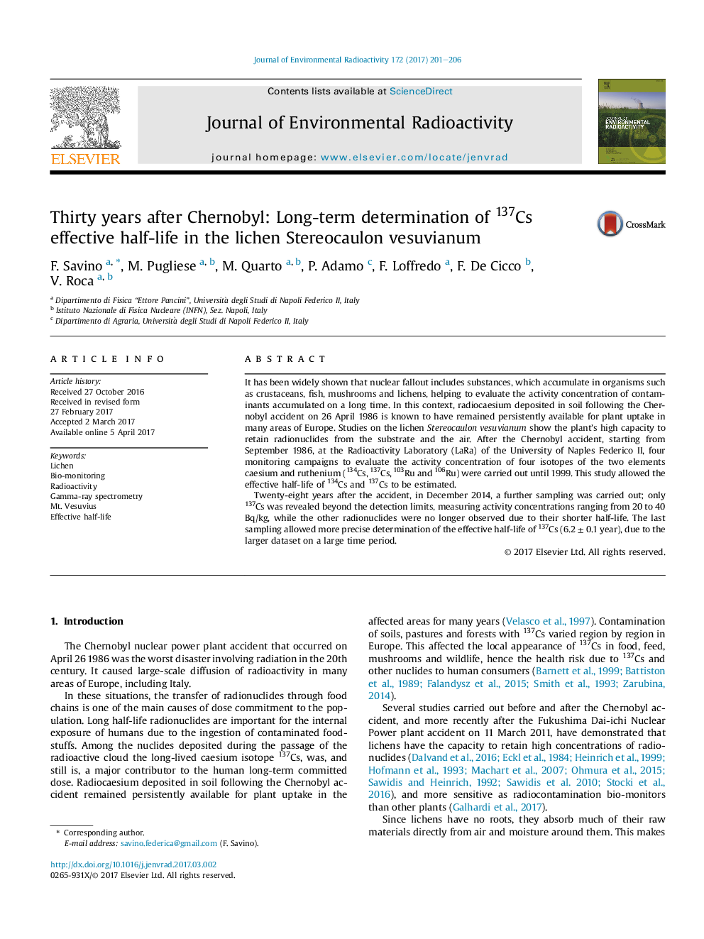 Thirty years after Chernobyl: Long-term determination of 137Cs effective half-life in the lichen Stereocaulon vesuvianum