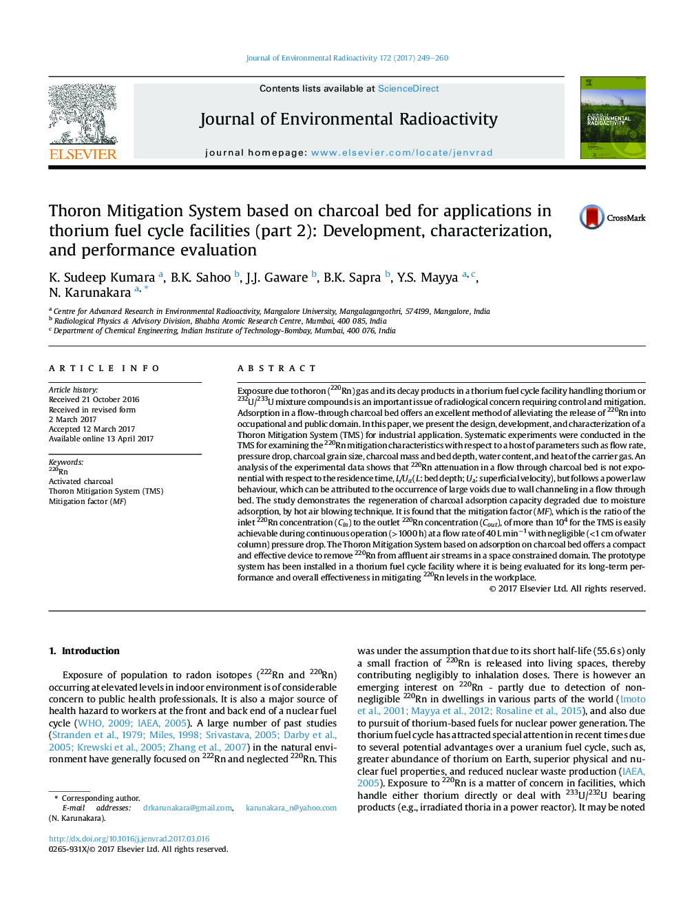 Thoron Mitigation System based on charcoal bed for applications in thorium fuel cycle facilities (part 2): Development, characterization, and performance evaluation