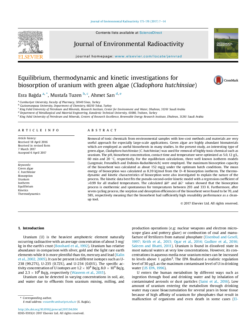 Equilibrium, thermodynamic and kinetic investigations for biosorption of uranium with green algae (Cladophora hutchinsiae)