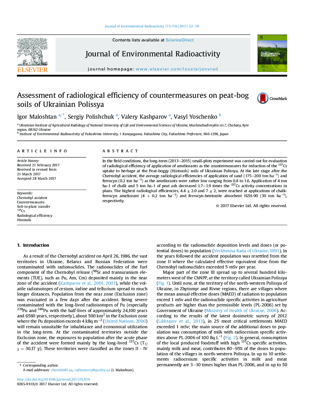 Assessment of radiological efficiency of countermeasures on peat-bog soils of Ukrainian Polissya