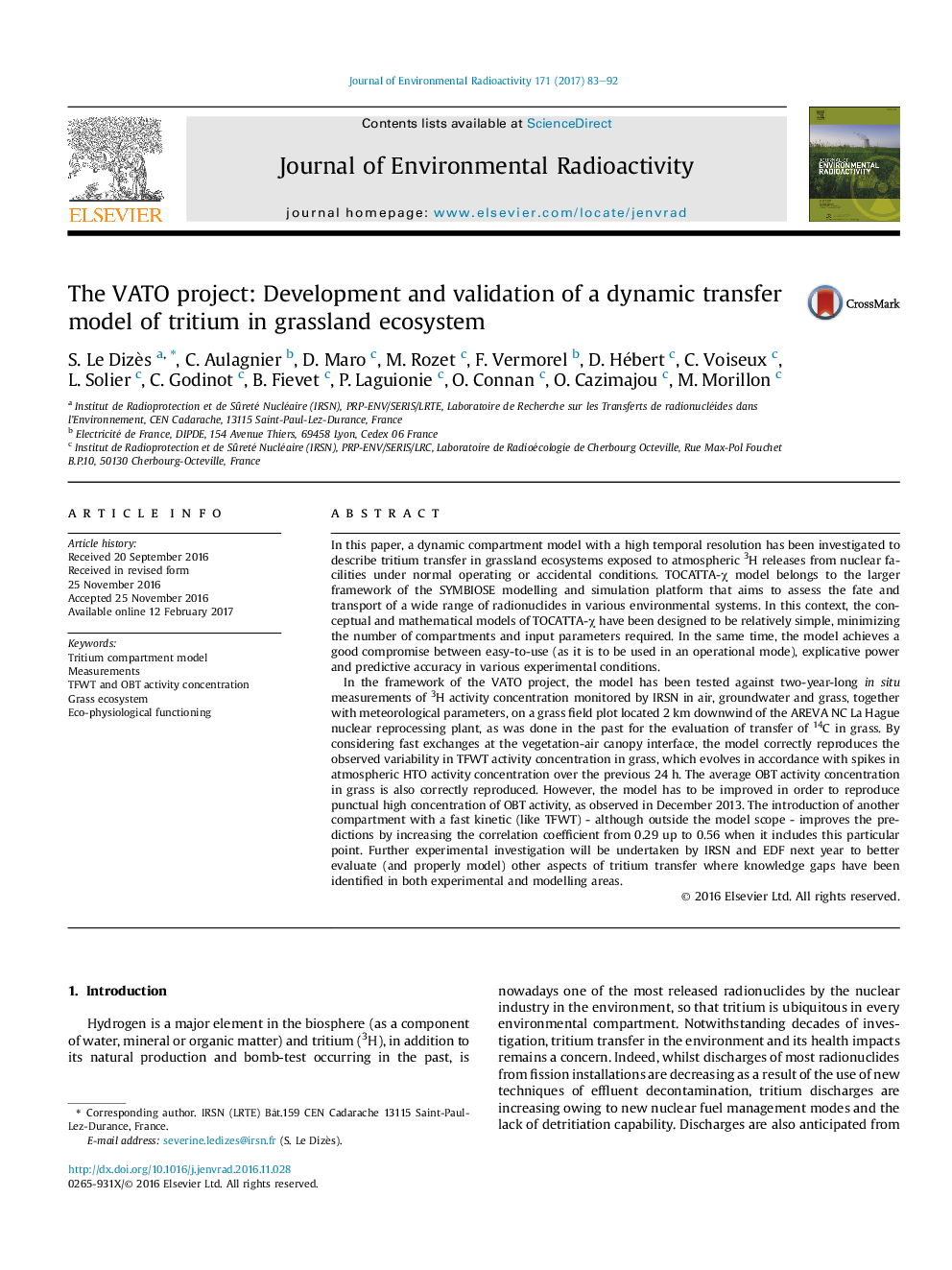 عکس صفحه اول مقاله: The VATO project: Development and validation of a dynamic transfer model of tritium in grassland ecosystem The VATO project: Development and validation of a dynamic transfer model of tritium in grassland ecosystem