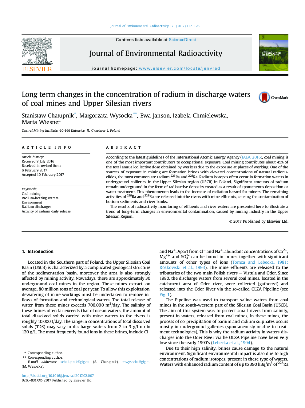 Long term changes in the concentration of radium in discharge waters of coal mines and Upper Silesian rivers