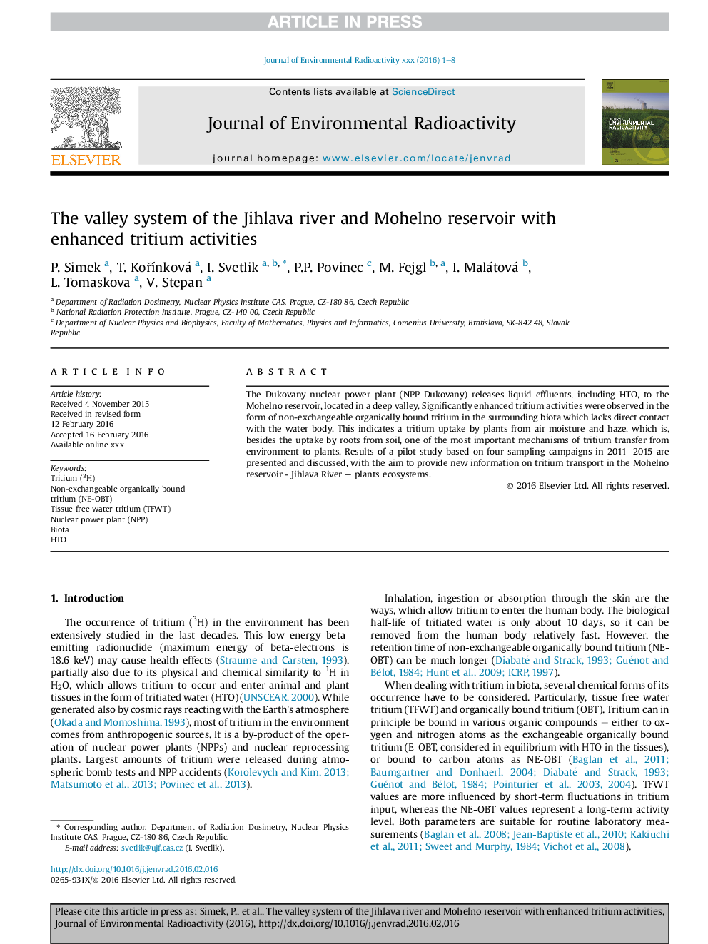 The valley system of the Jihlava river and Mohelno reservoir with enhanced tritium activities