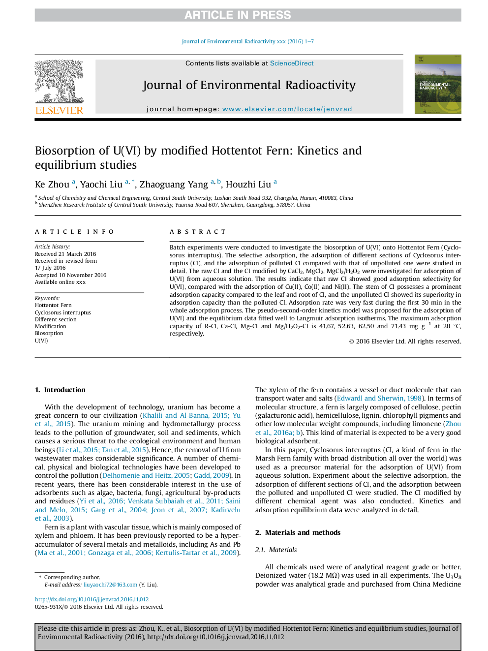 Biosorption of U(VI) by modified Hottentot Fern: Kinetics and equilibrium studies