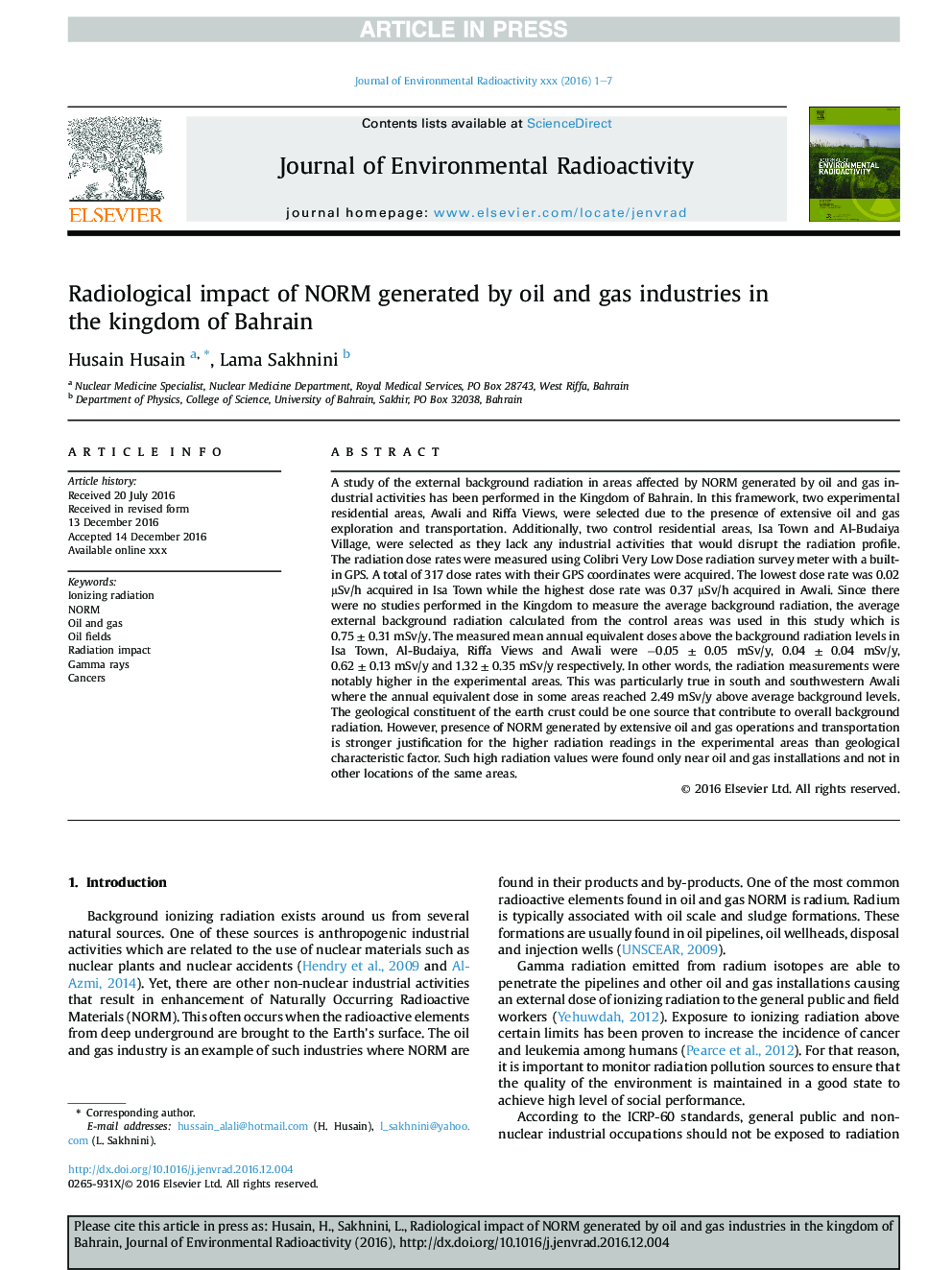 Radiological impact of NORM generated by oil and gas industries in the kingdom of Bahrain