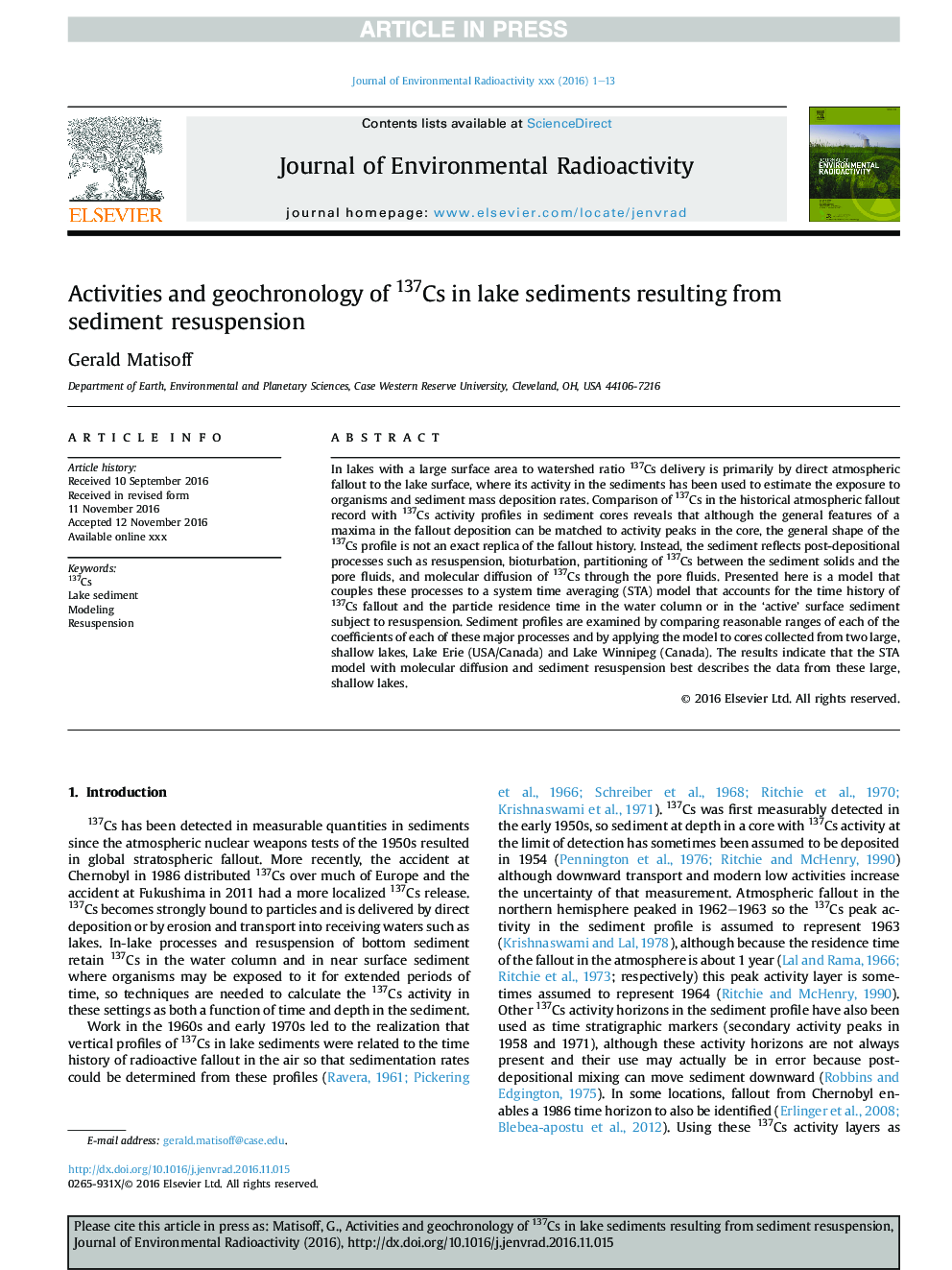 Activities and geochronology of 137Cs in lake sediments resulting from sediment resuspension