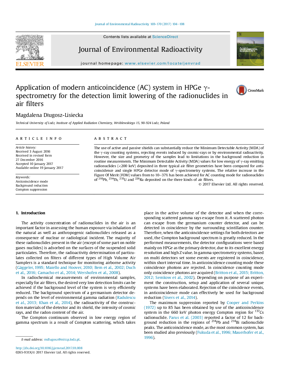 Application of modern anticoincidence (AC) system in HPGe Î³-spectrometry for the detection limit lowering of the radionuclides in air filters