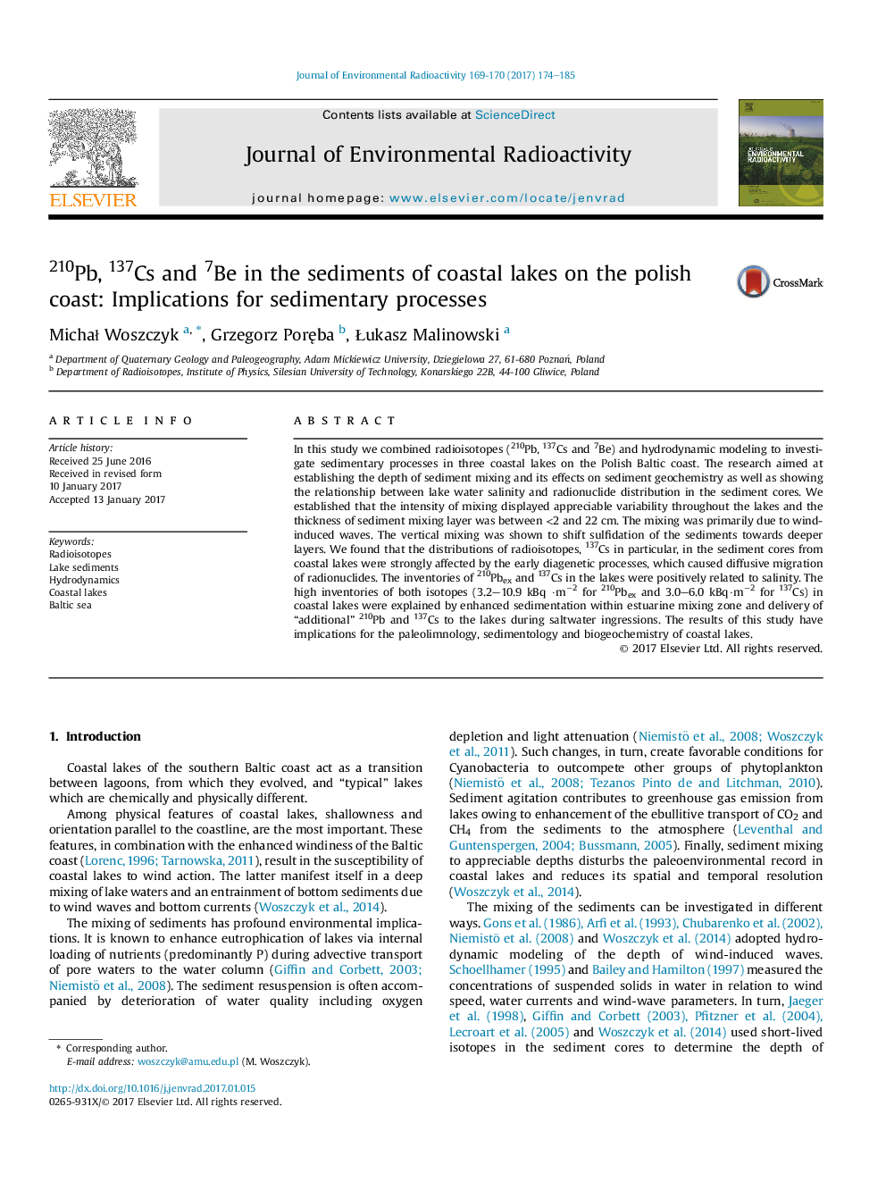 210Pb, 137Cs and 7Be in the sediments of coastal lakes on the polish coast: Implications for sedimentary processes