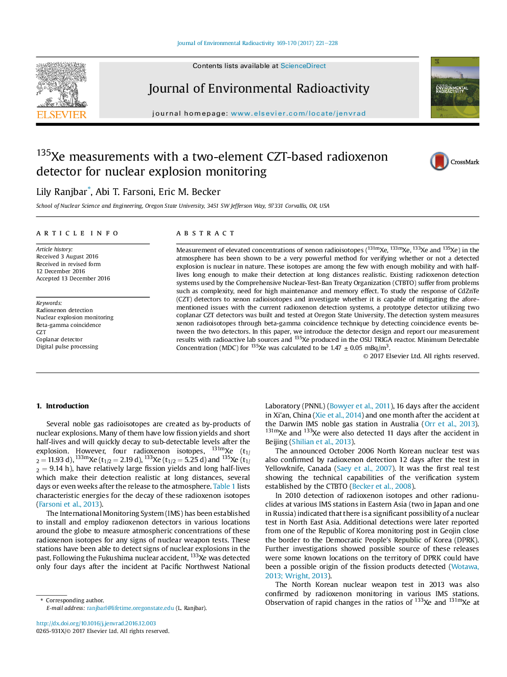 135Xe measurements with a two-element CZT-based radioxenon detector for nuclear explosion monitoring