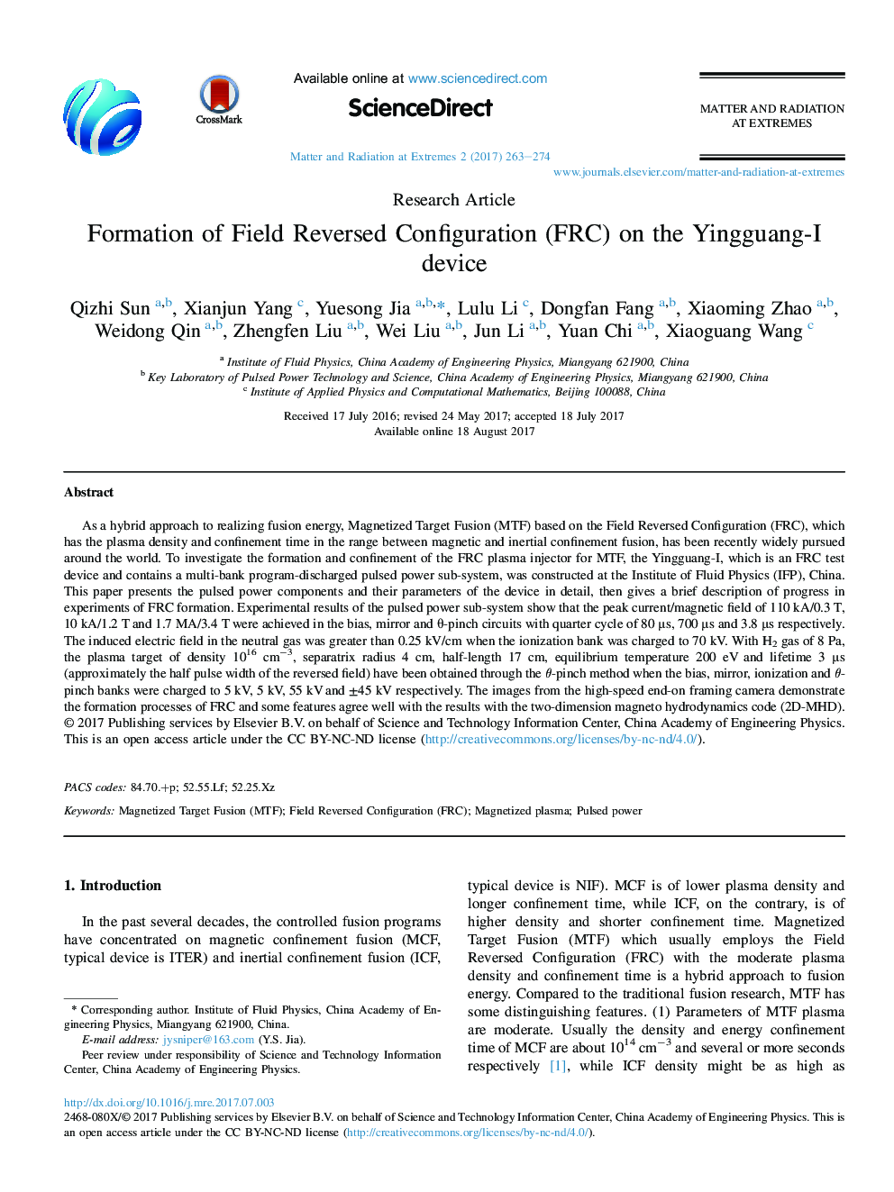 Formation of Field Reversed Configuration (FRC) on the Yingguang-I device